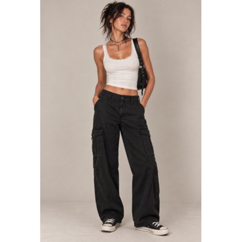 American Eagle Baggy Wide Leg Cargo Pants Womens 4 Black Mid Rise Y2K Stretch